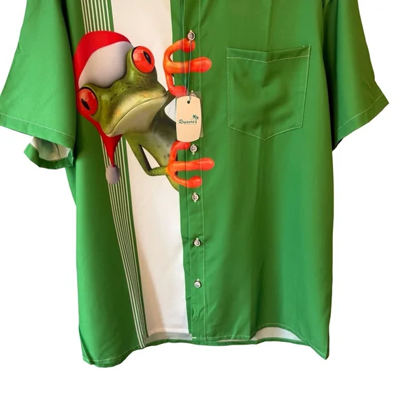 Royaura Hawaiian Tropical Frog Graphic Short-Sleeve Shirt - Green Size L Resort - Picture 9 of 11